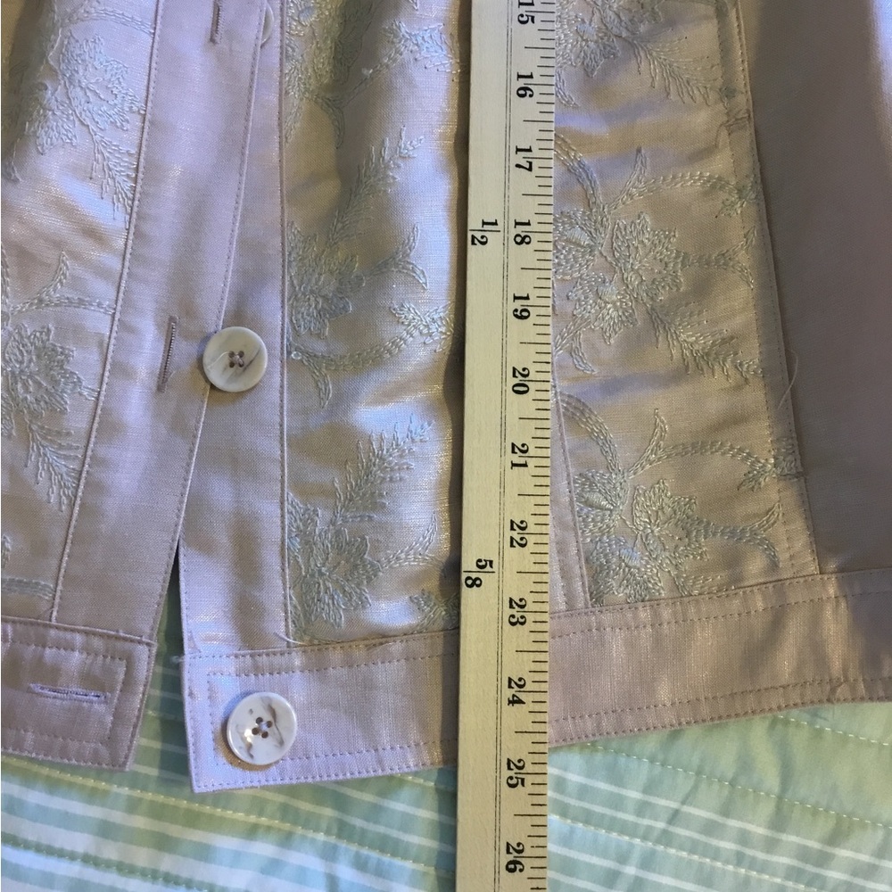 CHICO’S Light Pink Textured Linen size 4 (XXL=20) Blazer Jean jacket 3/4 sleeve - Picture 12 of 12